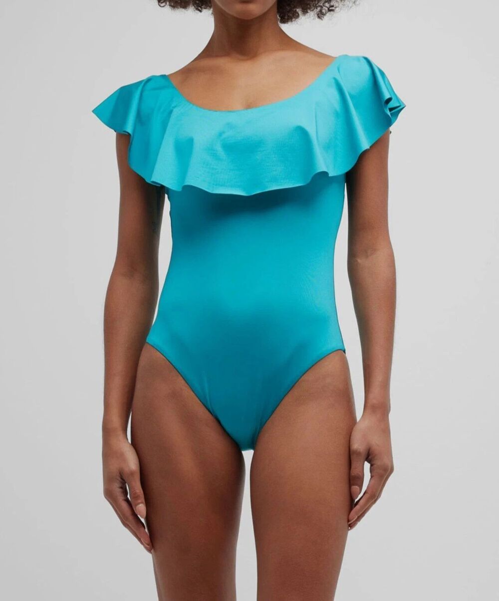 Trina Turk womens Ceramic Aqua Teal Monaco Ruffle One Piece Swimsuit size 6 $154